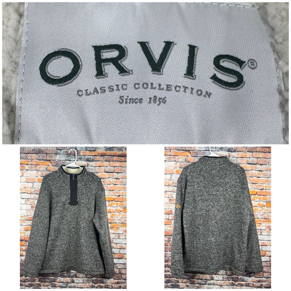 Orvis Brighton Quarter Zip Sherpa Line Pullover Fleece Sweater Gray Large
